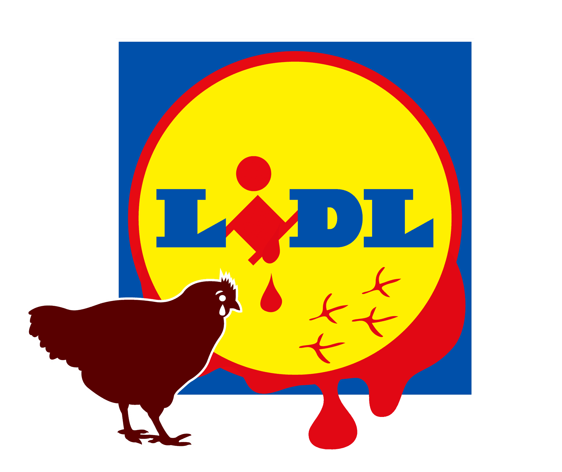 Lidl logo, josta valuu verta ja jonka edessä punainen kana